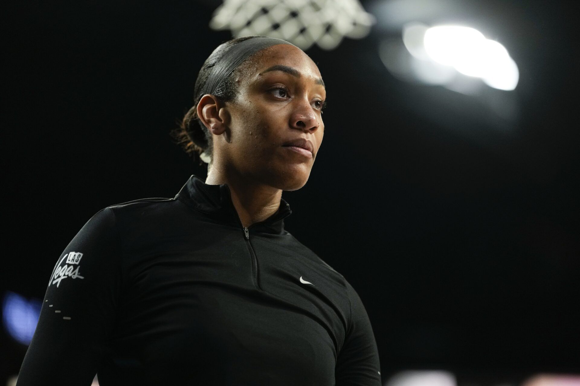 Las Vegas Aces center A'ja Wilson (22) warms up prior to a WNBA basketball game against the Washington Mystics at Michelob Ultra Arena.