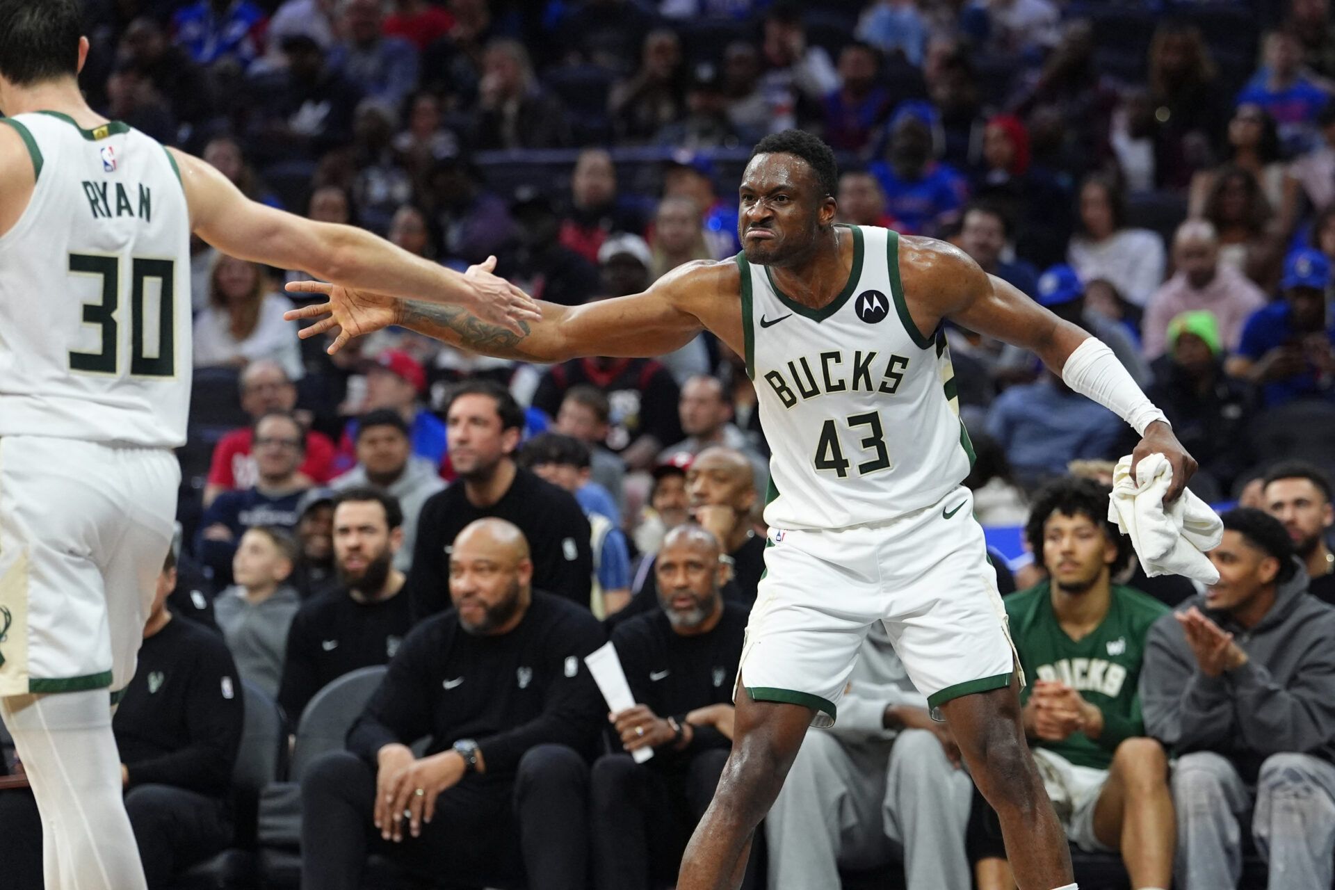 Milwaukee Bucks forward Thanasis Antetokounmpo (43) reacts against the Philadelphia 76ers in the second quarter at Xfinity Mobile Arena.