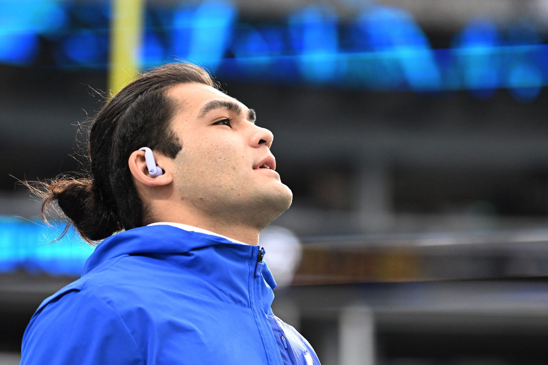 Los Angeles Rams wide receiver Puka Nacua (12) warms up before the game in an NFC Wild Card Round game at Bank of America Stadium.