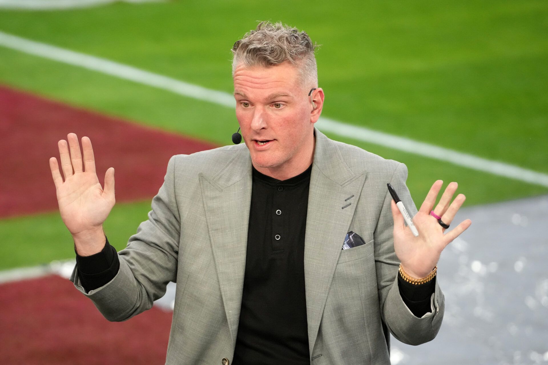Pat McAfee on the ESPN Gameday set at the 2025 Rose Bowl and quarterfinal game of the College Football Playoff at Rose Bowl Stadium.