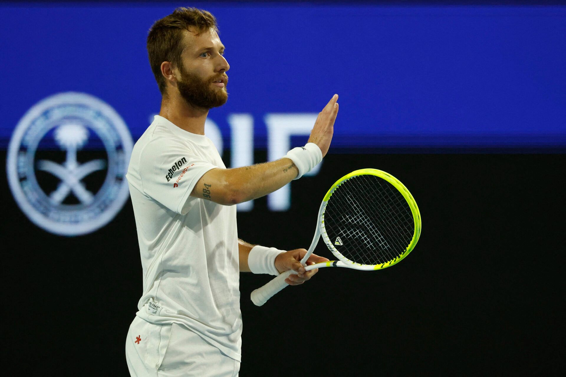 Corentin Moutet (FRA) gestures to the chair umpire against Jannik Sinner (ITA) (not pictured) on day 7 of the 2026 Miami Open at Hard Rock Stadium.