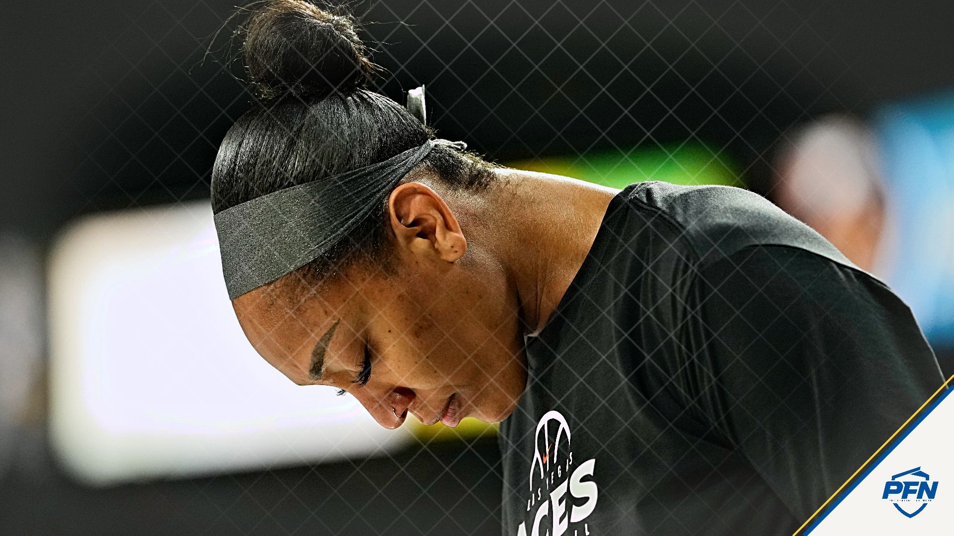 Las Vegas Aces center A'ja Wilson (22) prepares prior to a WNBA basketball game against the Toronto Tempo at Michelob Ultra Arena.