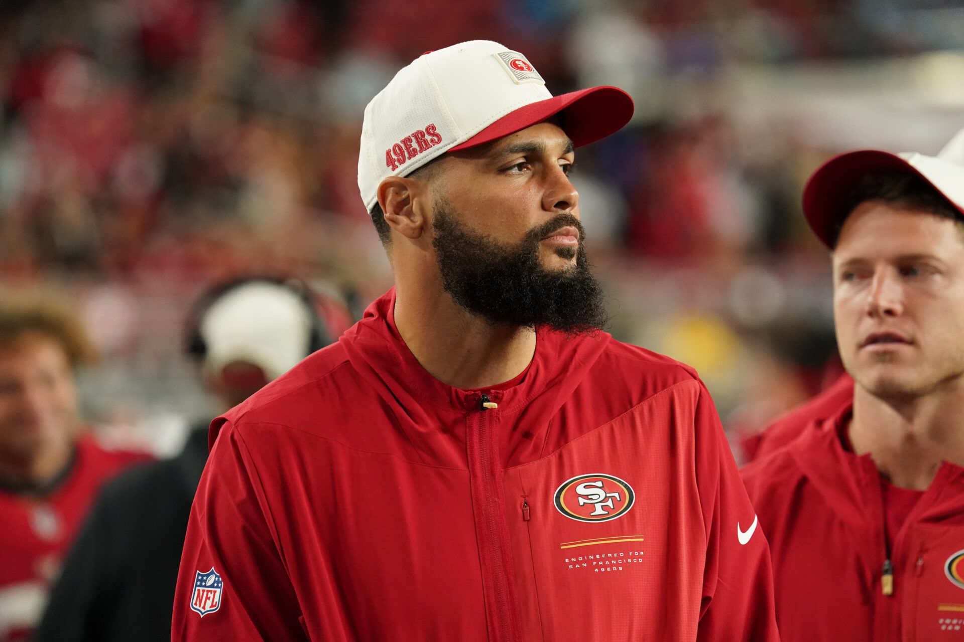 San Francisco 49ers wide receiver Mike Evans (5) watches from the sideline during a game against the Tennessee Titans in the fourth quarter at Levi's Stadium.
