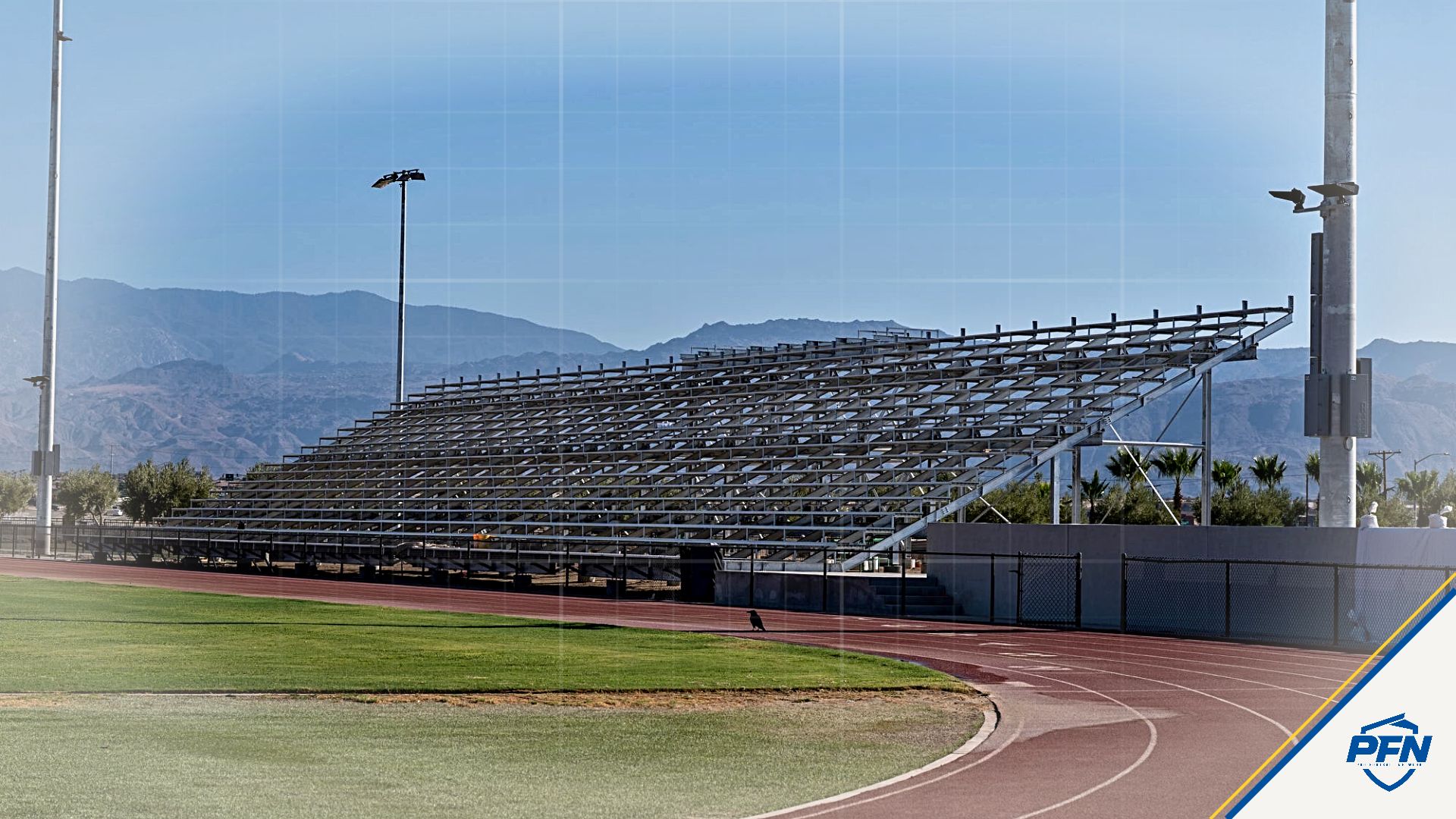 Scenes of the football field and stadium seats under construction at Xavier College Preparatory High School in Palm Desert, Calif.