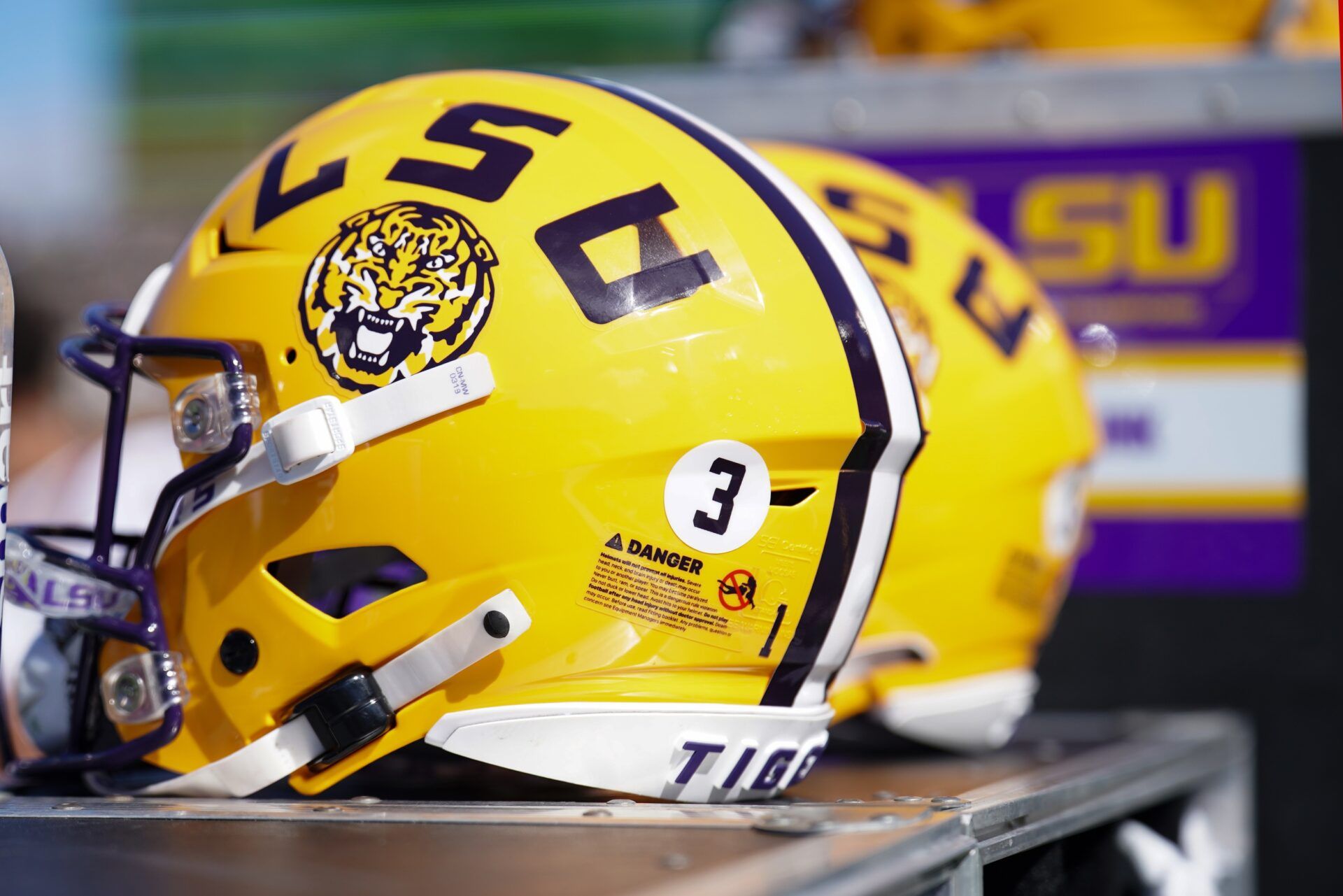 A general view of a LSU Tigers helmet against the Missouri Tigers during the first half at Faurot Field at Memorial Stadium.