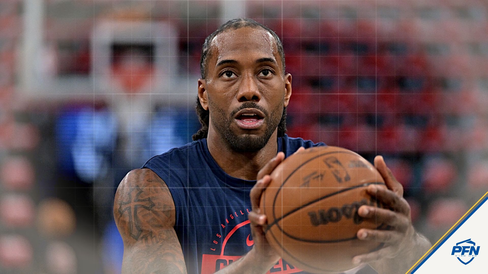 Los Angeles Clippers forward Kawhi Leonard (2) warms up prior to the game against the Golden State Warriors in the play-in rounds of the 2026 NBA Playoffs at Intuit Dome.