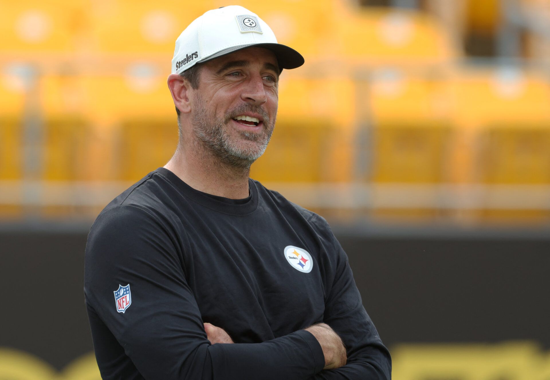 Pittsburgh Steelers quarterback Aaron Rodgers (8) looks on before the game against the Green Bay Packers at Acrisure Stadium.