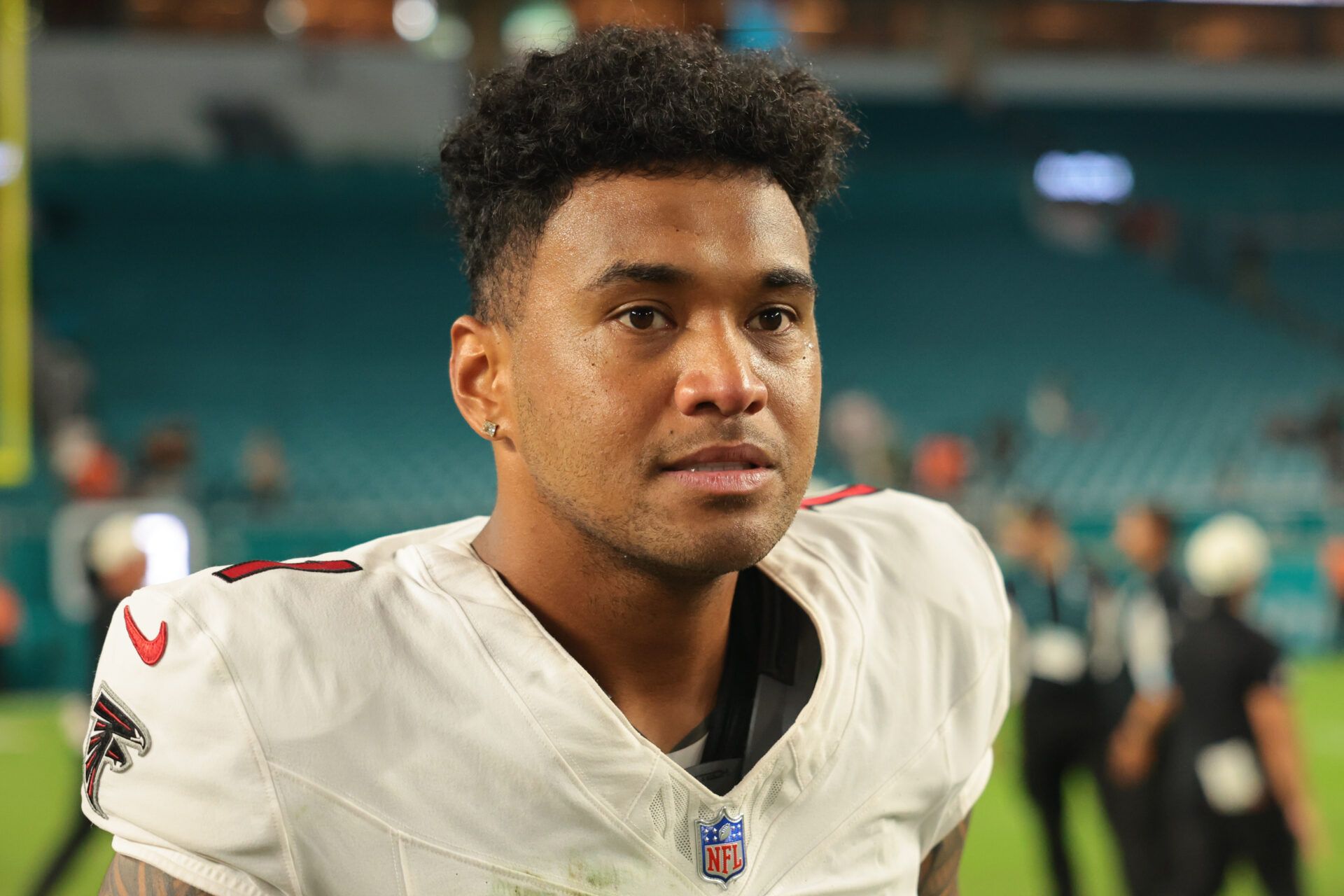 Atlanta Falcons quarterback Tua Tagovailoa (1) looks on after the game against the Miami Dolphins at Hard Rock Stadium.