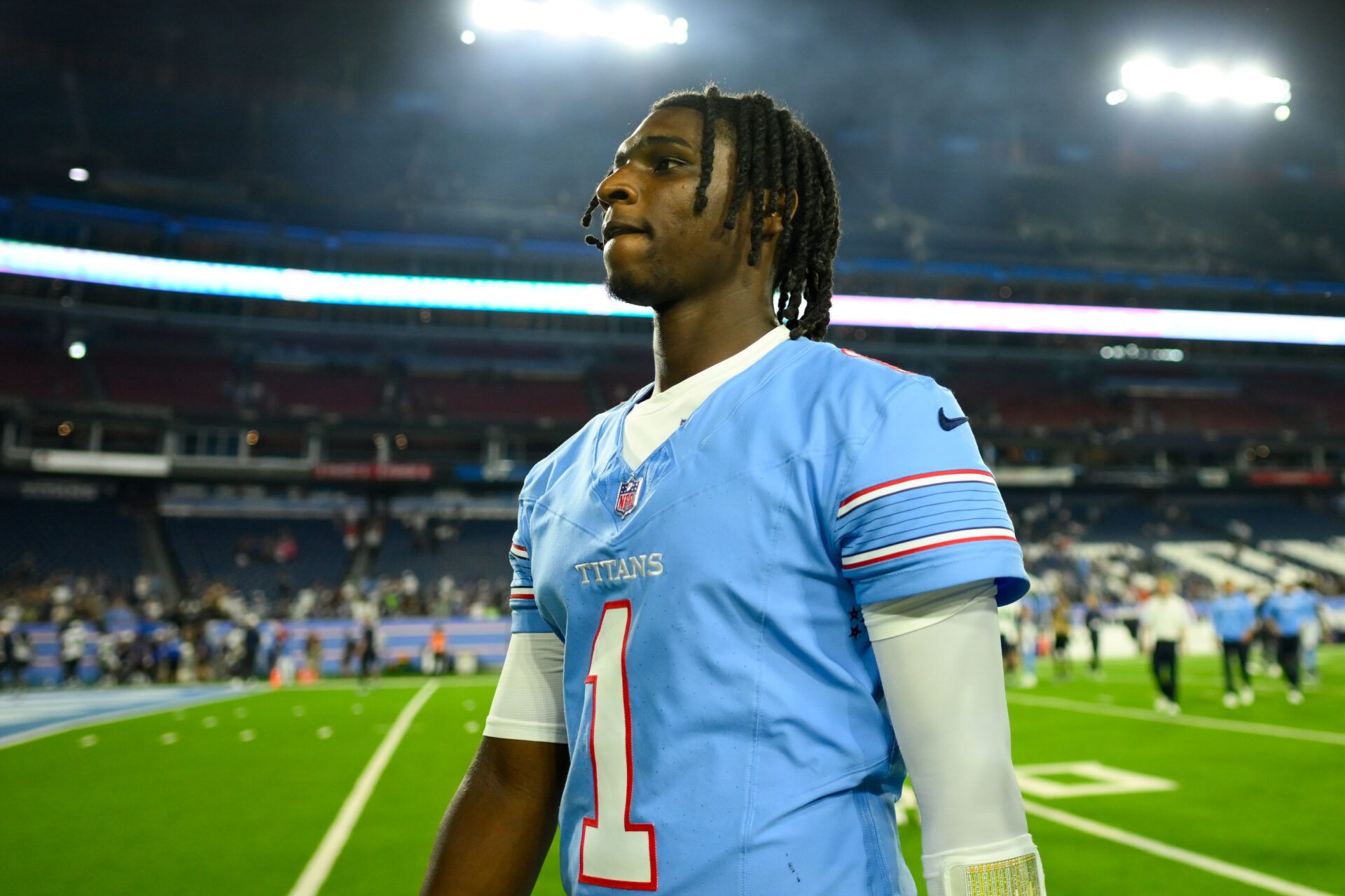 Tennessee Titans quarterback Cam Ward (1) walks off the field post game against the Seattle Seahawks at Nissan Stadium.