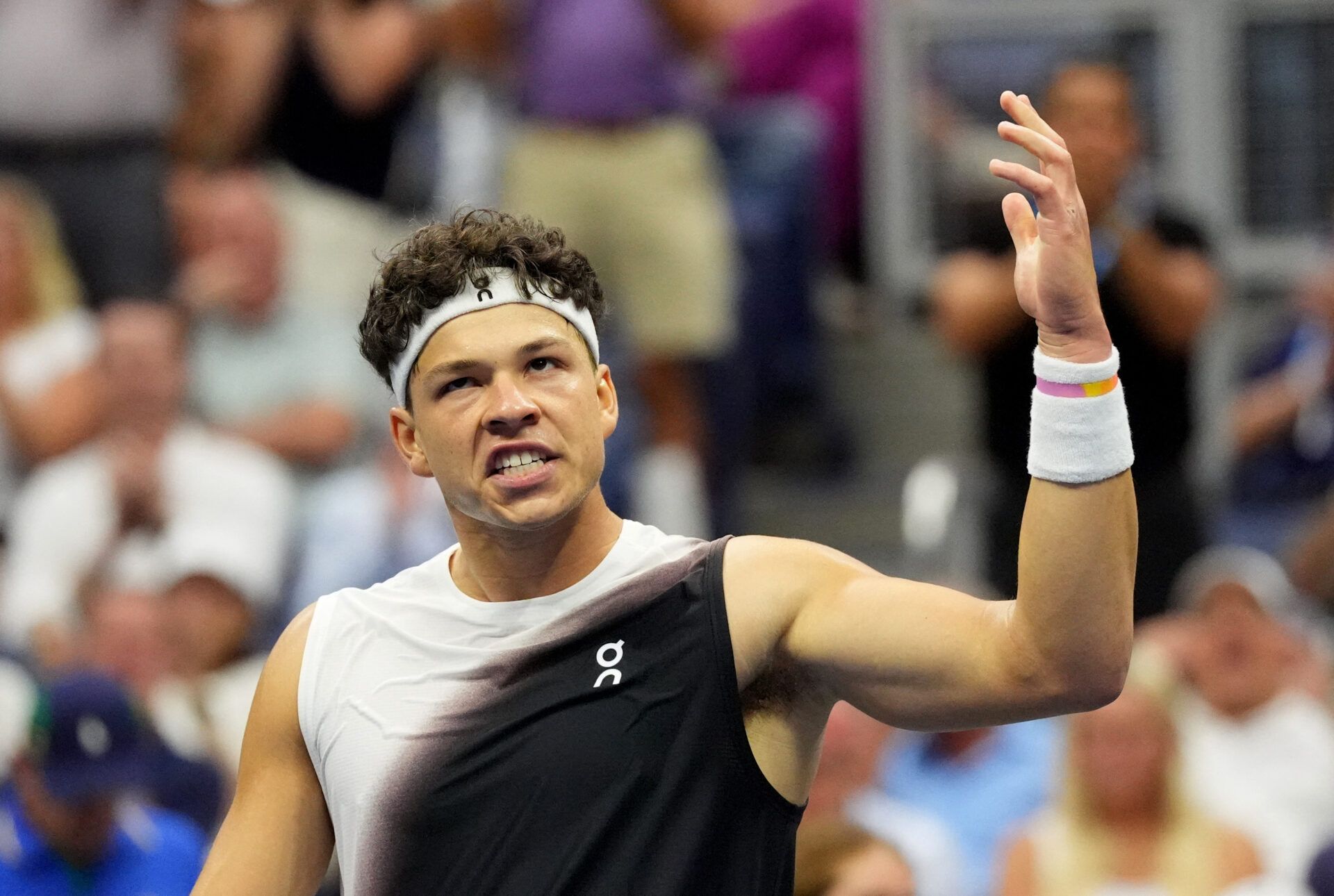 Ben Shelton of the U.S. reacts after winning the third set tie break during his second round match against Poland's Hubert Hurkacz.