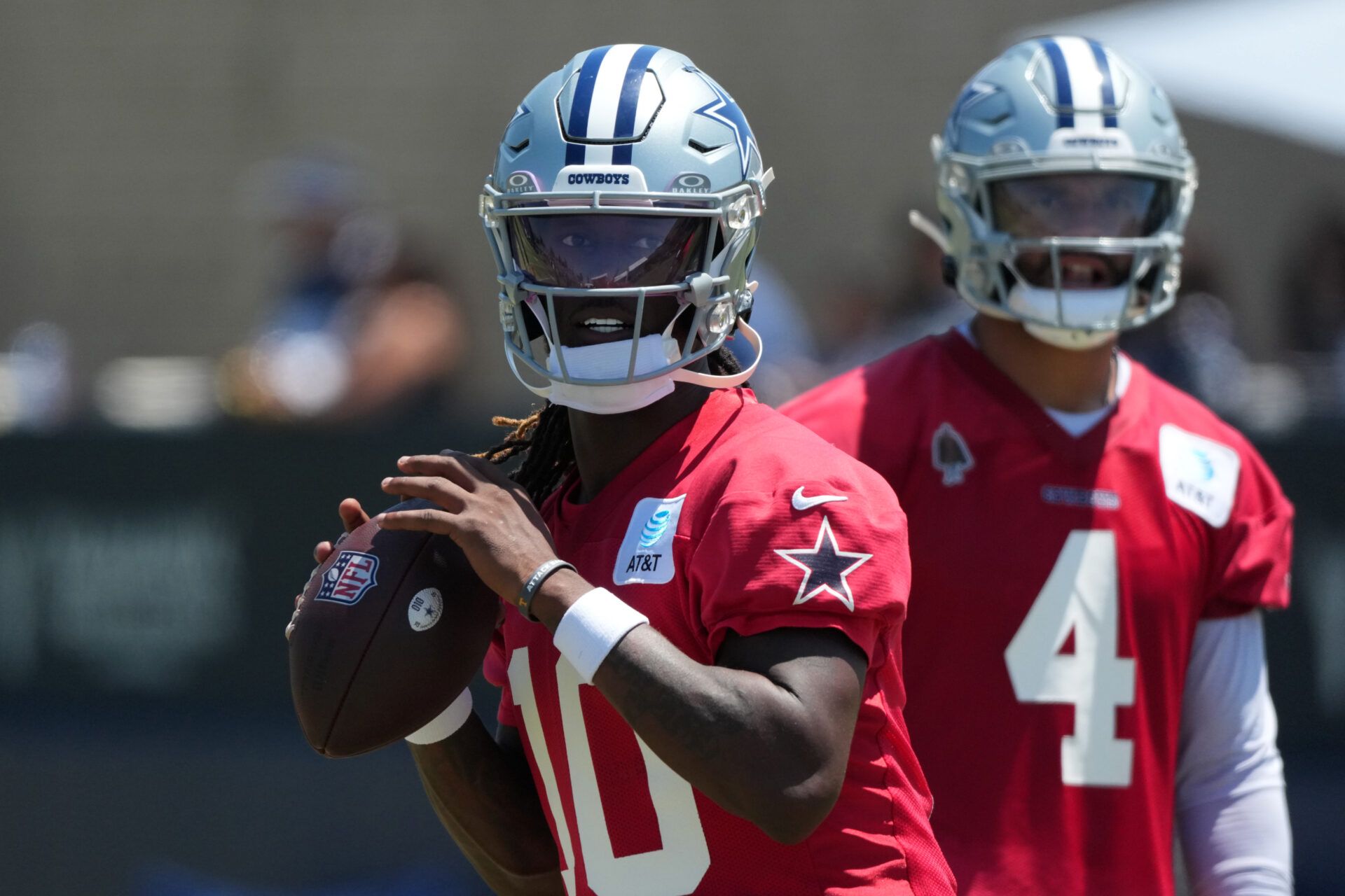 Dallas Cowboys quarterback Joe Milton III (10) and quarterback Dak Prescott (4) at training camp at River Ridge Playing Fields.