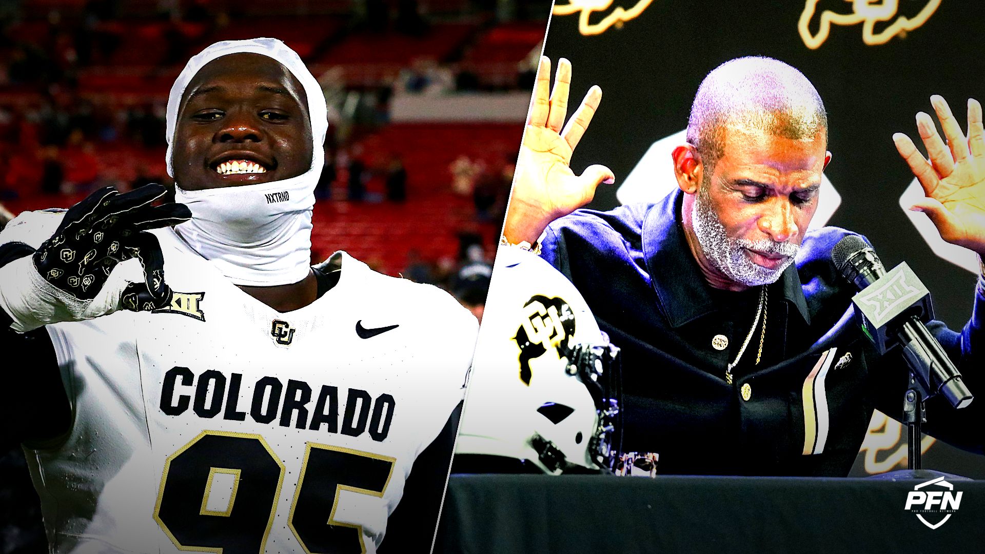 Georgia Tech Yellow Jackets defensive tackle Tawfiq Thomas and Colorado head coach Deion Sanders.