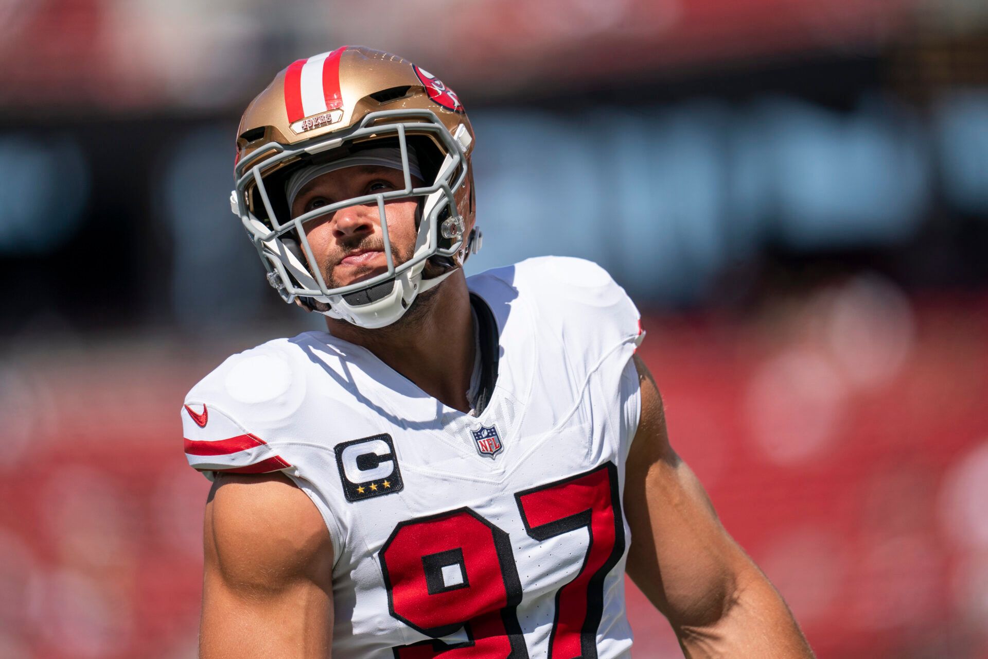 San Francisco 49ers defensive end Nick Bosa (97) on the field during warm ups prior to a game against the Arizona Cardinals during the first half at Levi's Stadium.