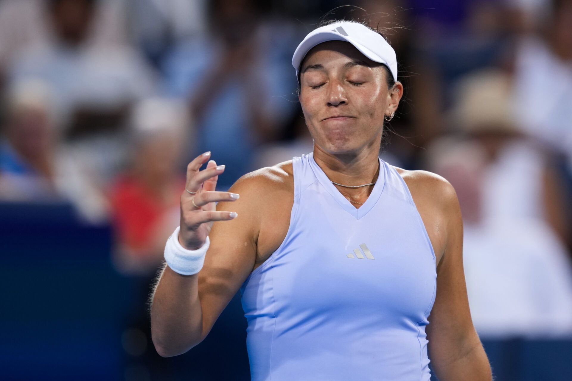 Jessica Pegula (USA) reacts after returning a shot against Coco Gauff (USA) during the finals of the Cincinnati Open at Lindner Family Tennis Center.