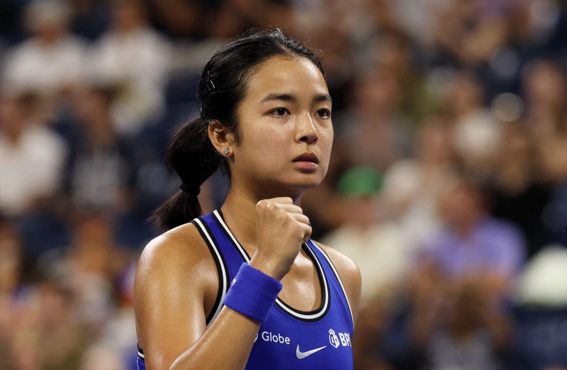 Philippines' Alexandra Eala reacts during her first round match against Mary Stoiana of the U.S.