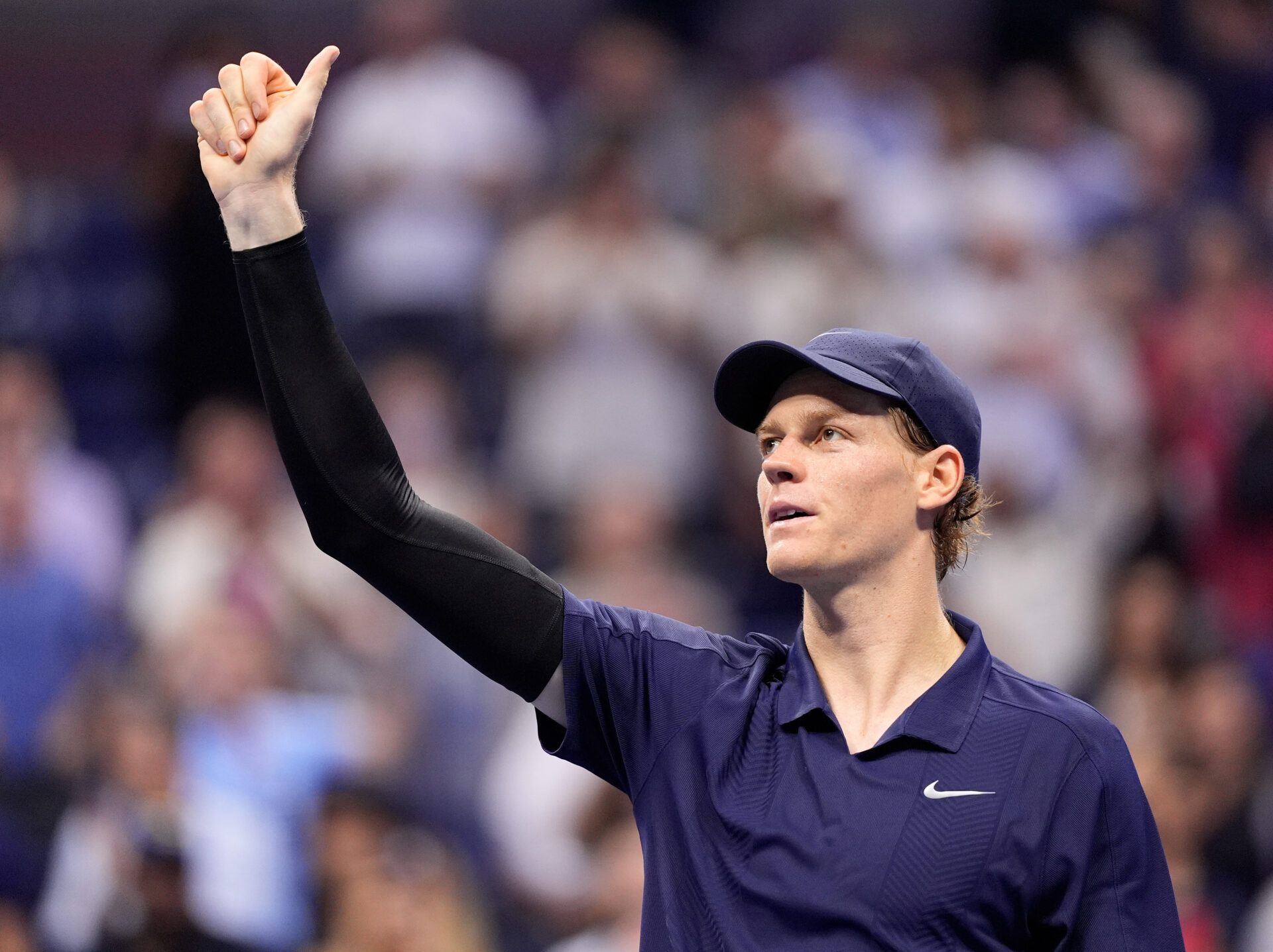 Jannik Sinner (ITA) gestures after beating Felix Auger-Aliassime (CAN) (not pictured) on day thirteen of the 2025 U.S. Open tennis tournament at the USTA Billie Jean King National Tennis Center.