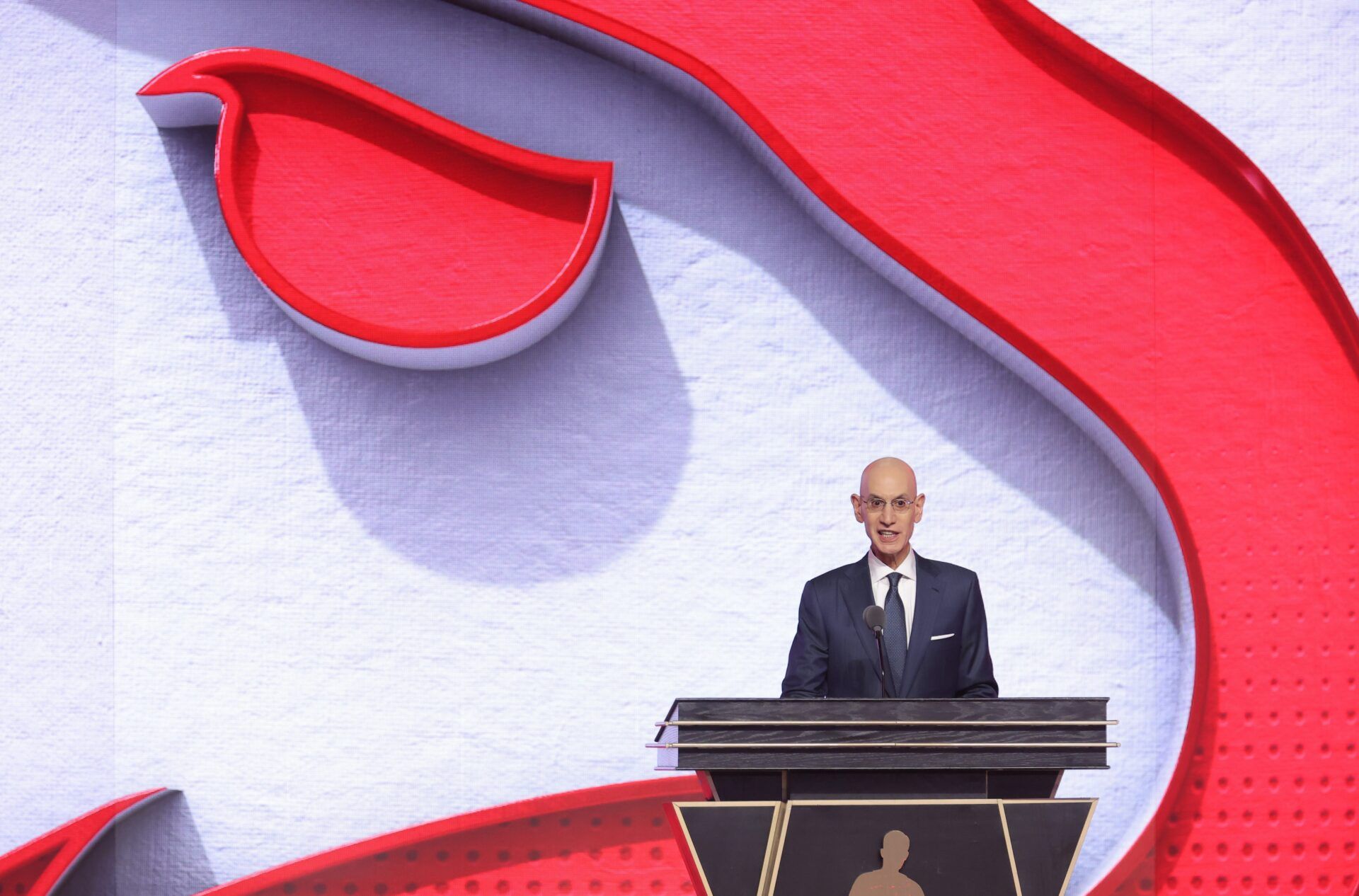 NBA commissioner Adam Silver announces the eighth pick in the 2026 NBA draft, Houston guard Kingston Flemings (not pictured) after he was selected by the Atlanta Hawks at Barclays Center.