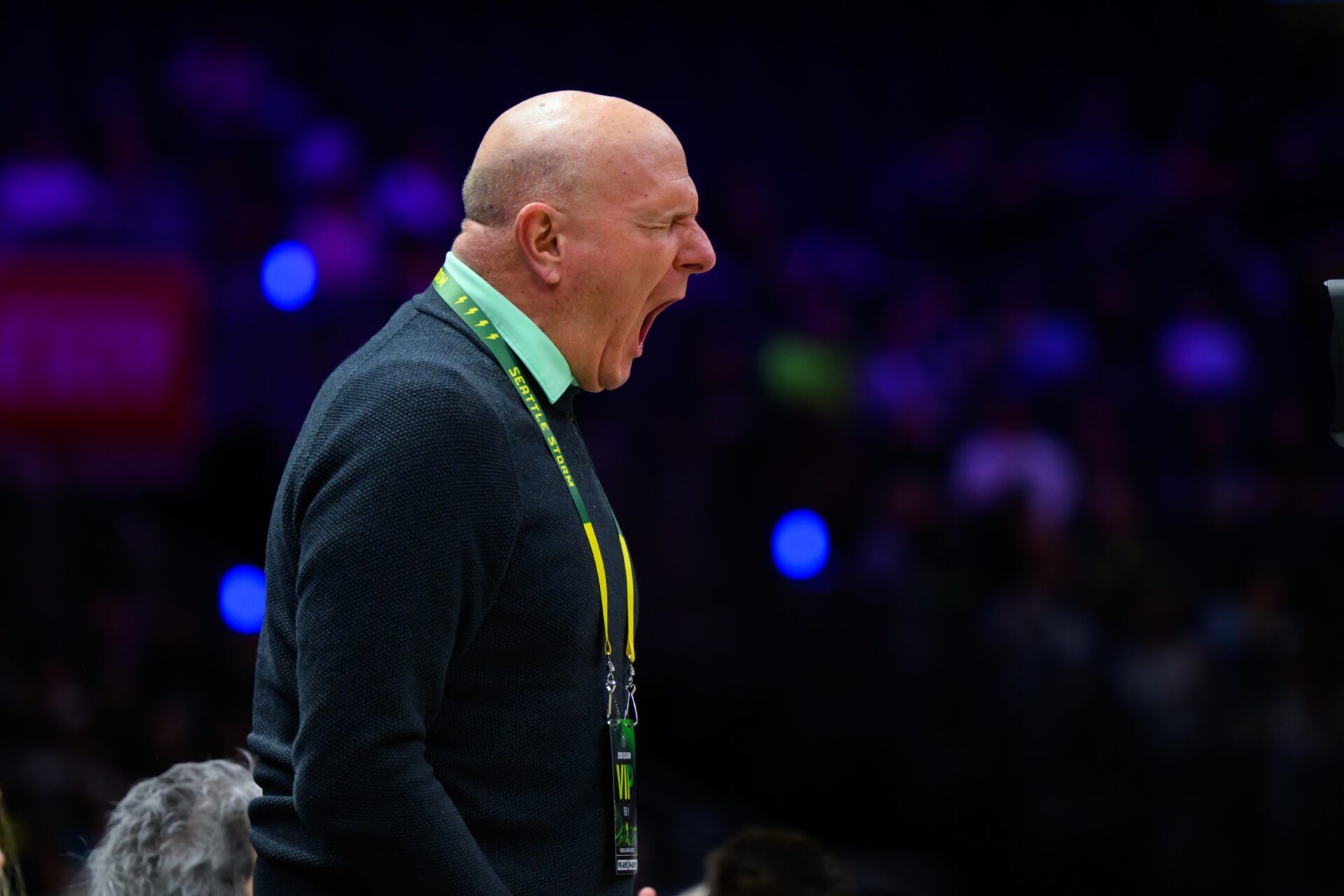 Steve Ballmer interacts with fans during the first half between the Seattle Storm and the Los Angeles Sparks at Climate Pledge Arena.