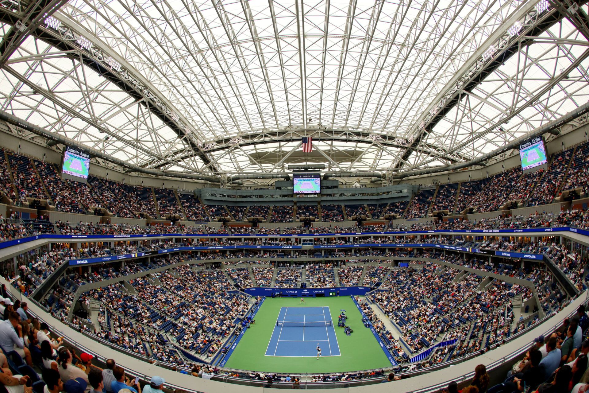 General view inside the Arthur Ashe Stadium during the second round match between Poland's Hubert Hurkacz and Ben Shelton of the U.S. as the roof is closed due to rain.