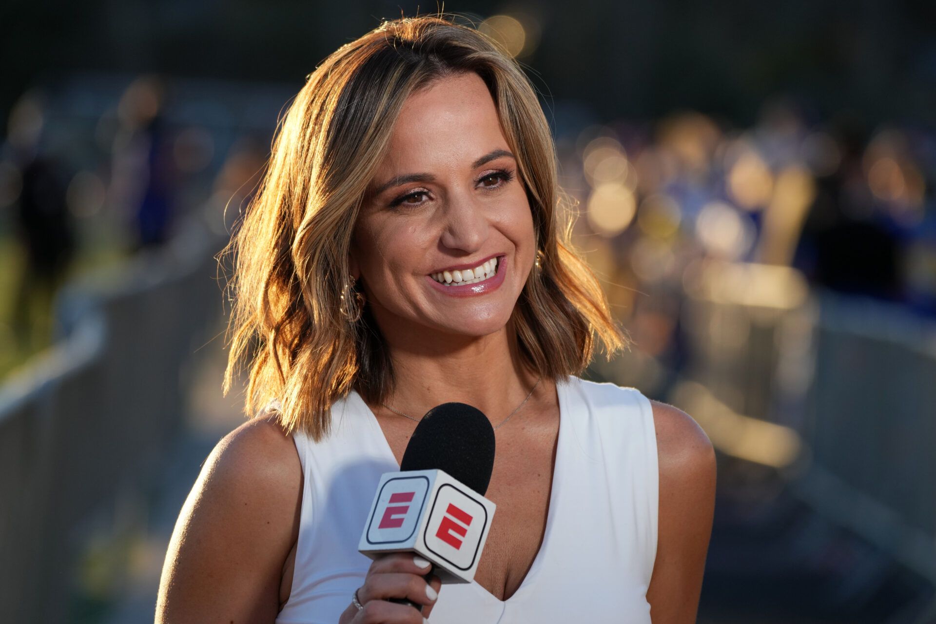 ESPN reporter Dianna Russini at Los Angeles Rams Super Bowl LVI Opening Night at Oaks Christian High School.