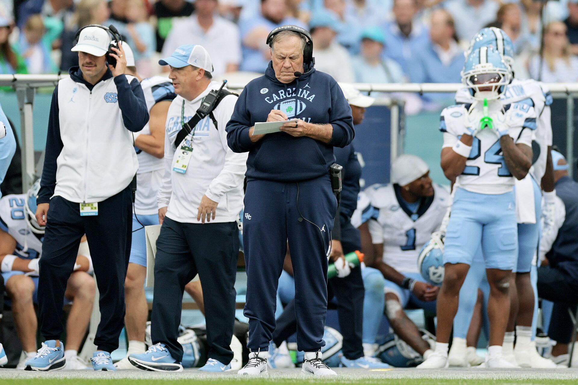 North Carolina Tar Heels head coach Bill Belichick against the TCU Horned Frogs in the first half at Aviva Stadium.