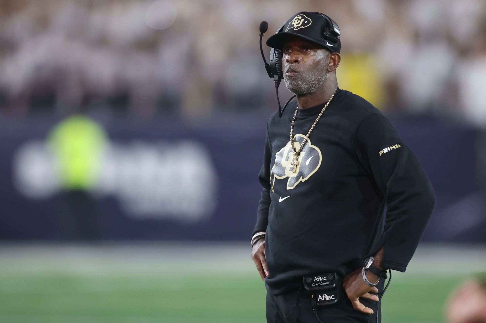 Colorado Buffaloes head coach Deion Sanders reacts in the first half against the Georgia Tech Yellow Jackets at Bobby Dodd Stadium at Hyundai Field.