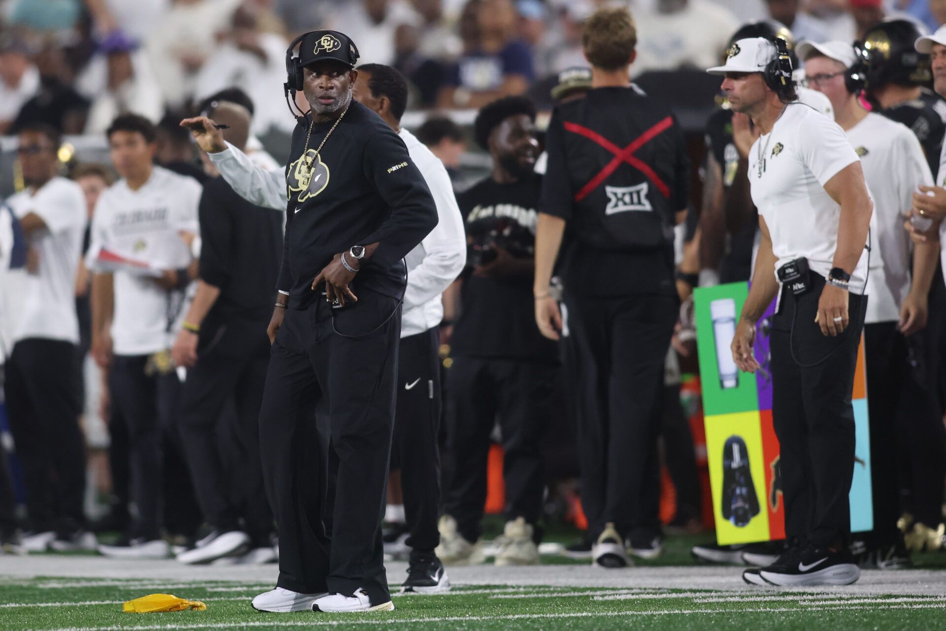 Colorado Buffaloes head coach Deion Sanders reacts in the second half at Bobby Dodd Stadium at Hyundai Field.