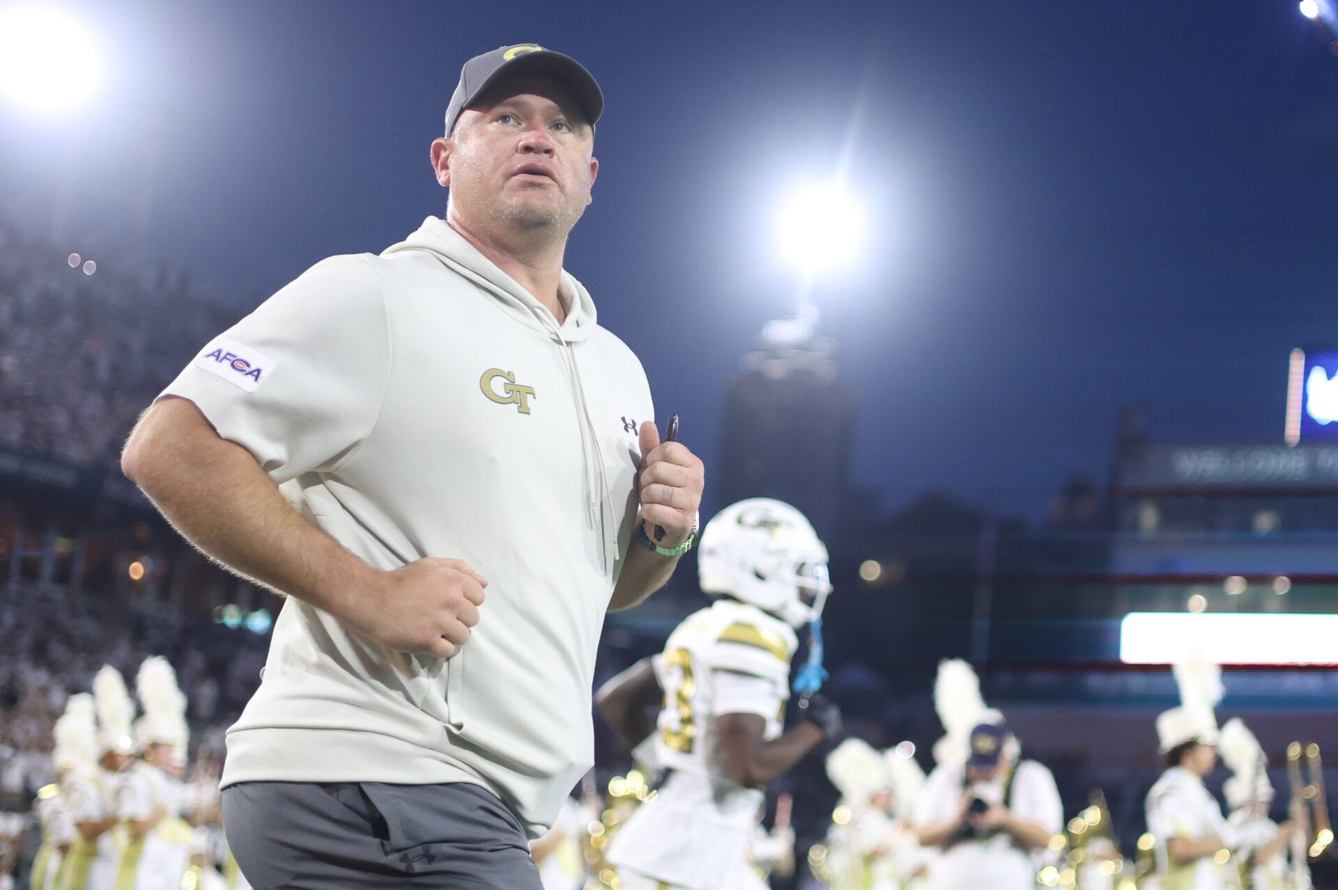 Georgia Tech Yellow Jackets head coach Brent Key takes the field at Bobby Dodd Stadium at Hyundai Field.