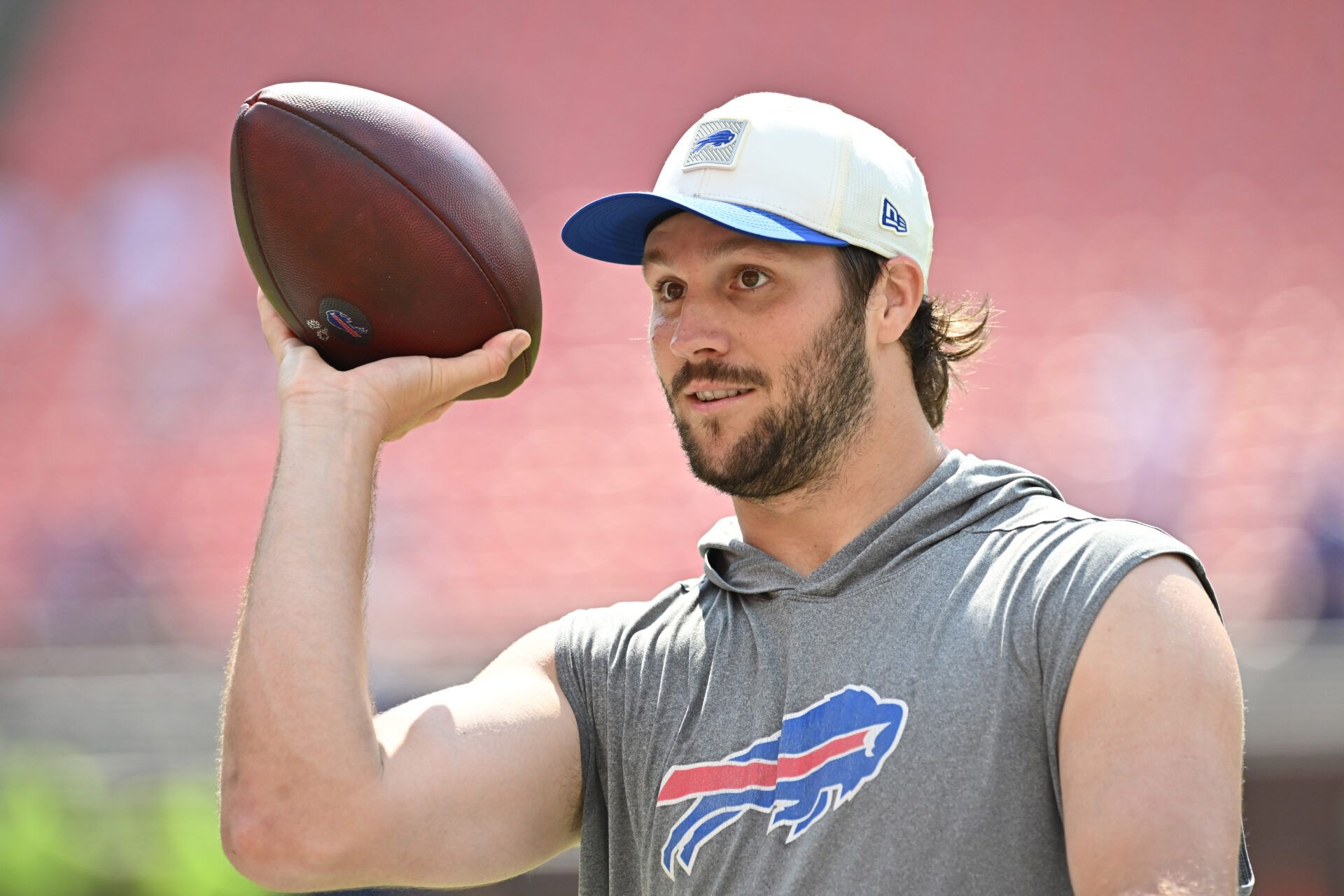 Buffalo Bills quarterback Josh Allen (17) warms up before the game between the Cleveland Browns and the Bills at Huntington Bank Field.