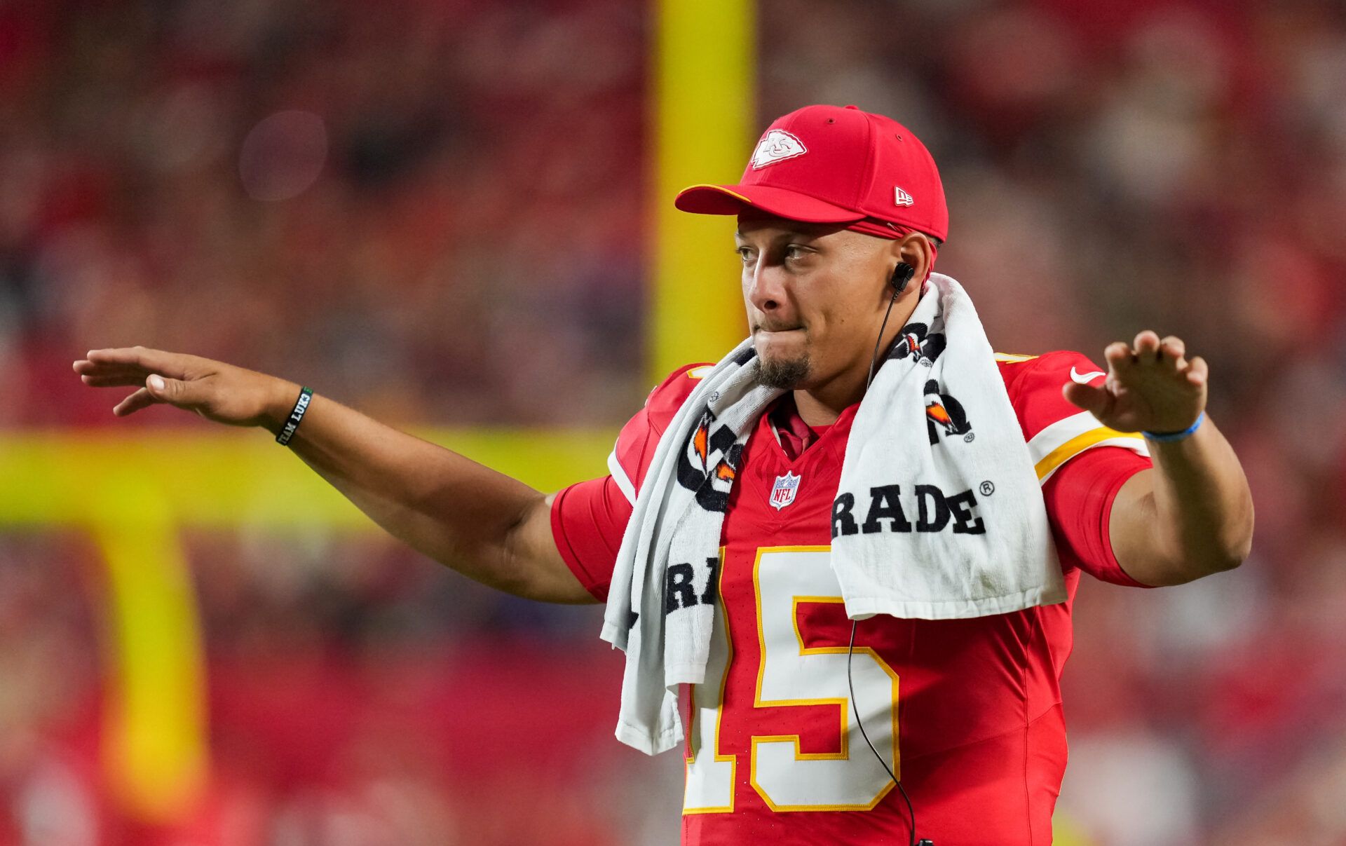 Kansas City Chiefs quarterback Patrick Mahomes (15) quiets the crowd during the second half against the Seattle Seahawks at Arrowhead Stadium.