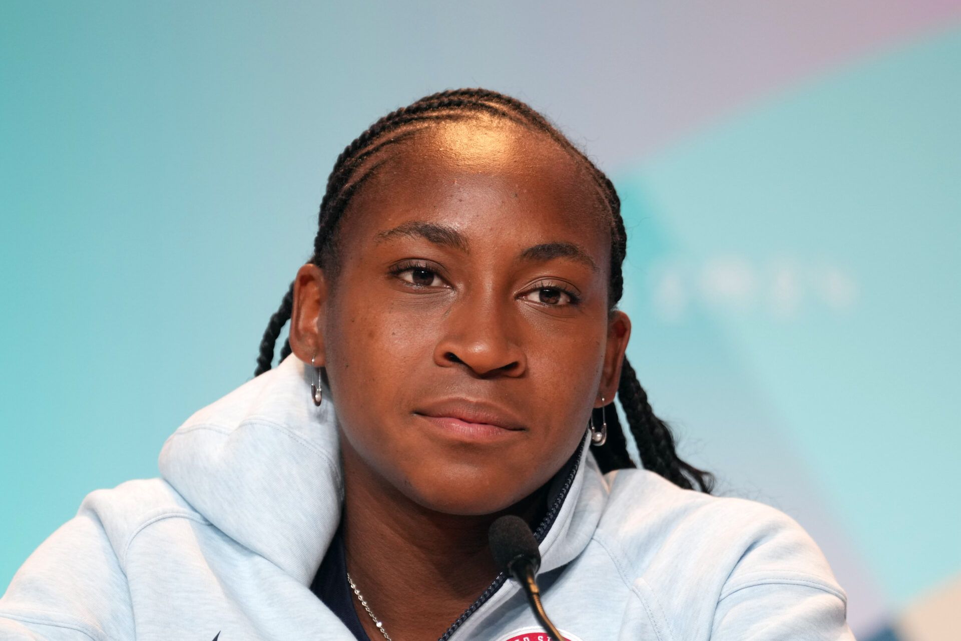 USA opening ceremonies female flag bearer Coco Gauff at a press conference at the Paris 2024 Olympics main press center at the Palais des congres de Paris.