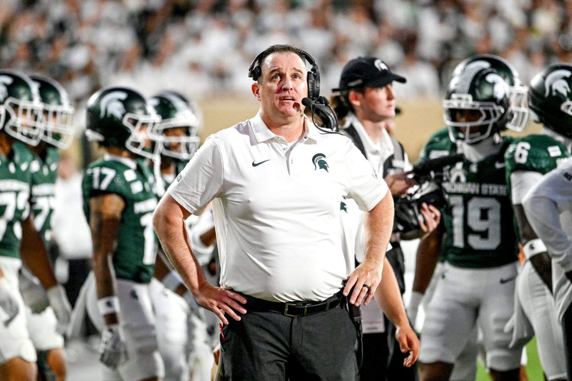 Michigan States head coach Pat Fitzgerald looks on during the first quarter in the gam against Toledo on Friday, Sept. 4, 2026, at Spartan Stadium in East Lansing.