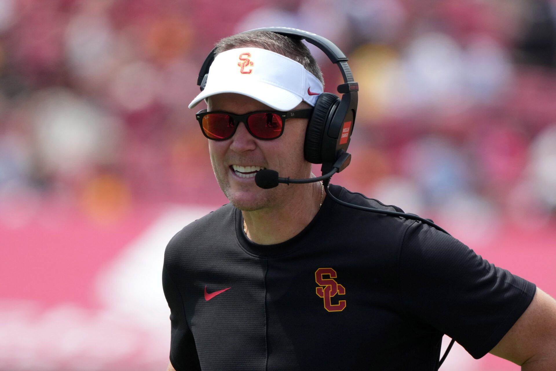 Southern California Trojans head coach Lincoln Riley reacts against the San Jose State Spartans in the first half at United Airlines Field at Los Angeles Memorial Coliseum.