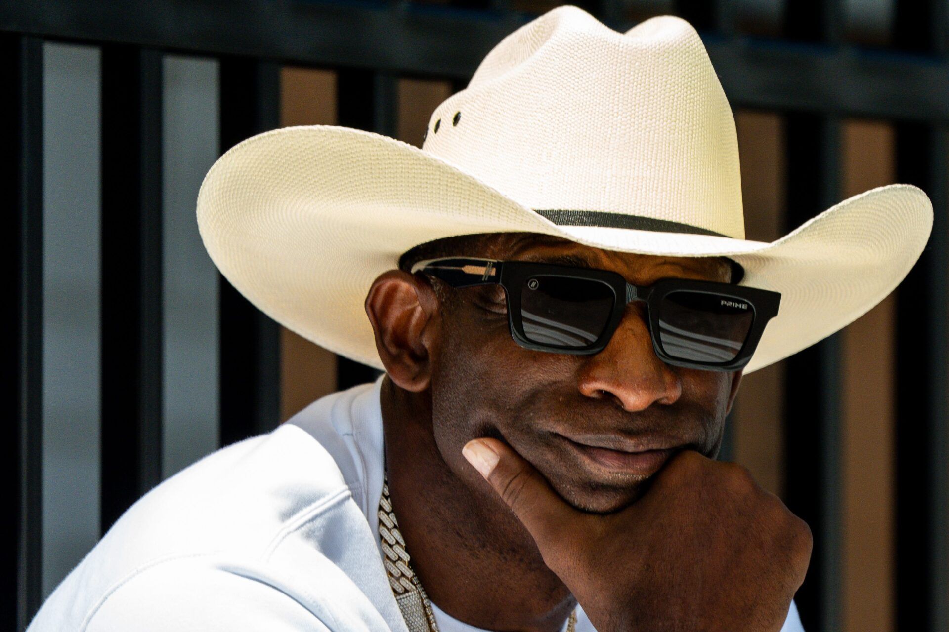 Deion Sanders takes in the second day of Cleveland Browns training camp, July 30, 2026, in Berea, Ohio.