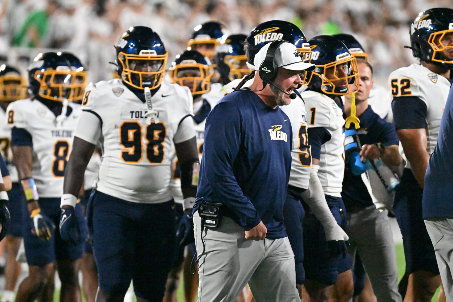 Toledo Rockets head coach Mike Jacobs looks on during the game against the Michigan State Spartans at Spartan Stadium.