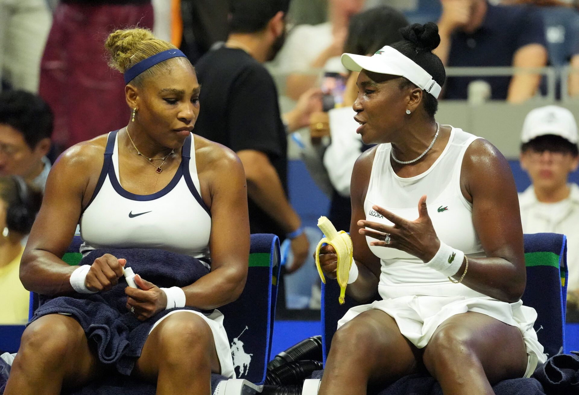 Tennis - U.S. Open - Flushing Meadows, New York, United States - September 4, 2026 Serena Williams and Venus Williams of the U.S. react during their first round match against Australia's Maya Joint and Taiwan's Chan Hao-ching IMAGN IMAGES via Reuters/Robert Deutsch
