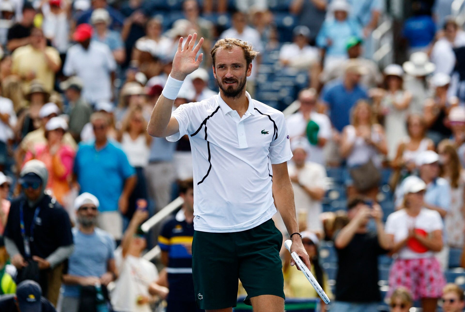 Tennis - U.S. Open - Flushing Meadows, New York, United States - September 4, 2026 Russia's Daniil Medvedev celebrates winning his third round match against France's Arthur Rinderknech REUTERS/Jeenah Moon