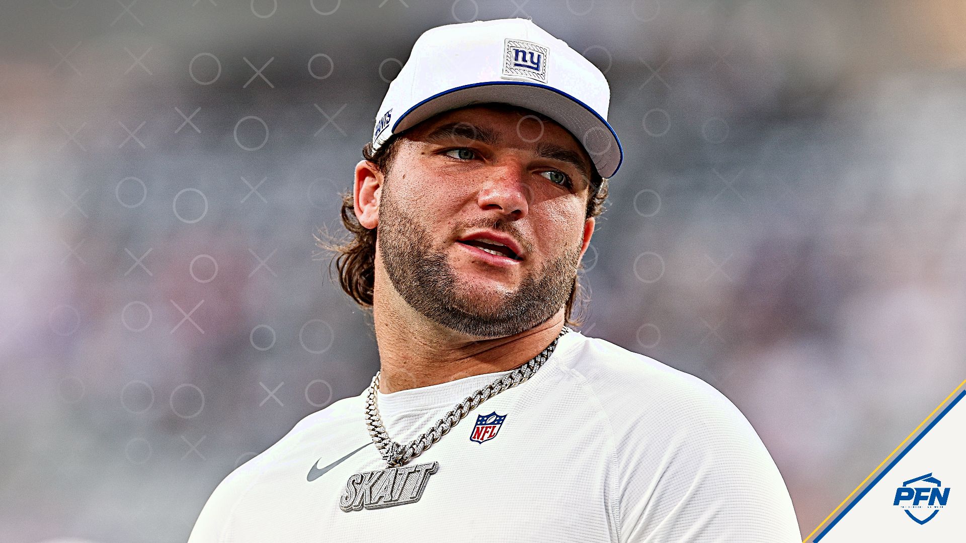 New York Giants running back Cam Skattebo (44) on the field before the game against the New York Jets at MetLife Stadium.