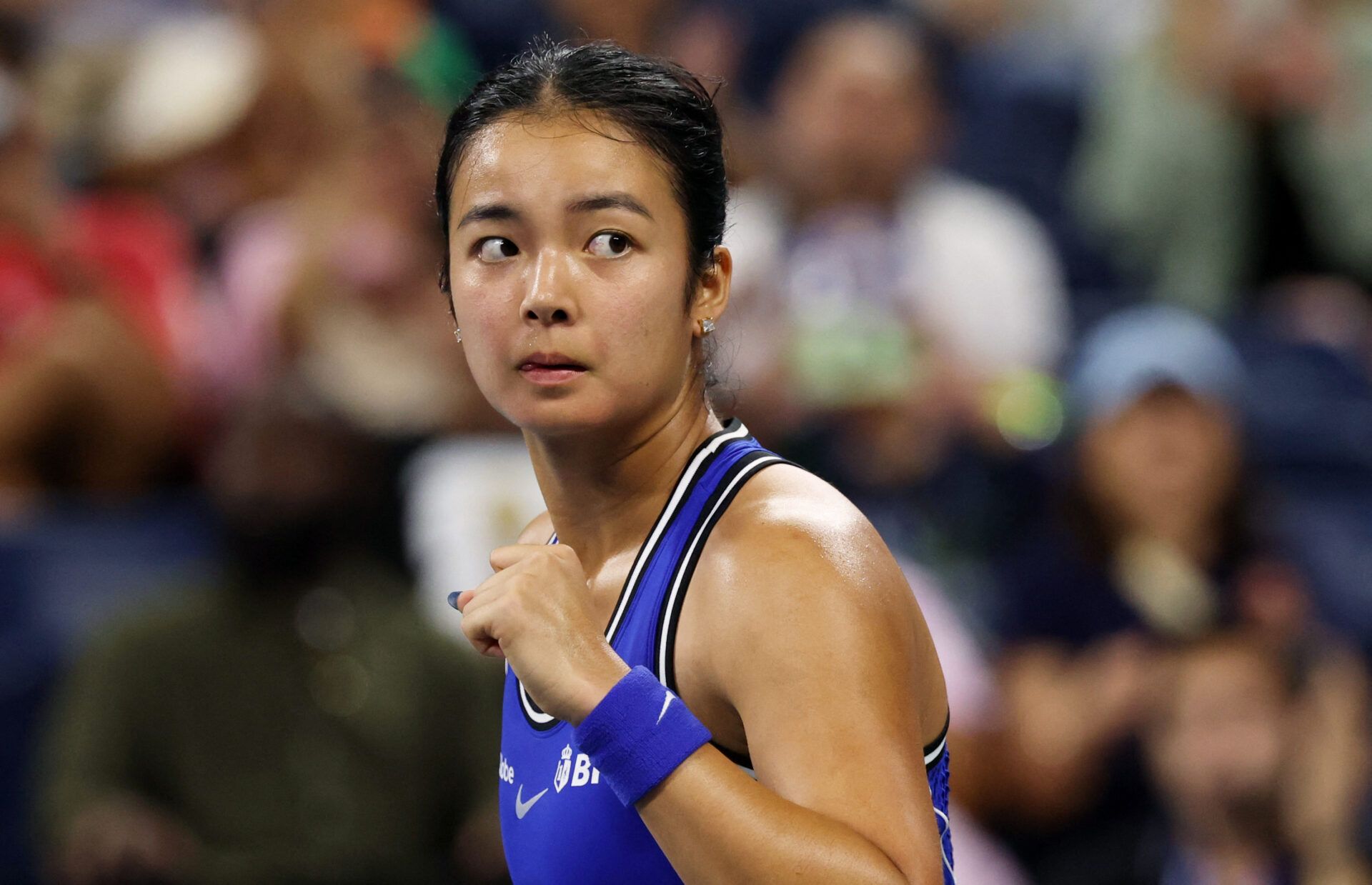 Philippines' Alexandra Eala reacts after winning the first set during her first round match against Mary Stoiana of the U.S.