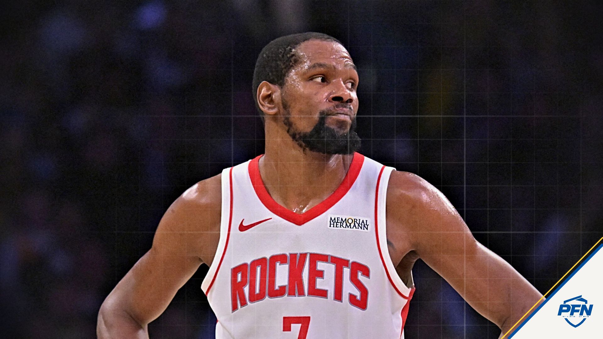 Houston Rockets forward Kevin Durant (7) looks on from the court in the second half of game two of the first round of the 2026 NBA Playoffs against the Los Angeles Lakers at Crypto.com Arena.