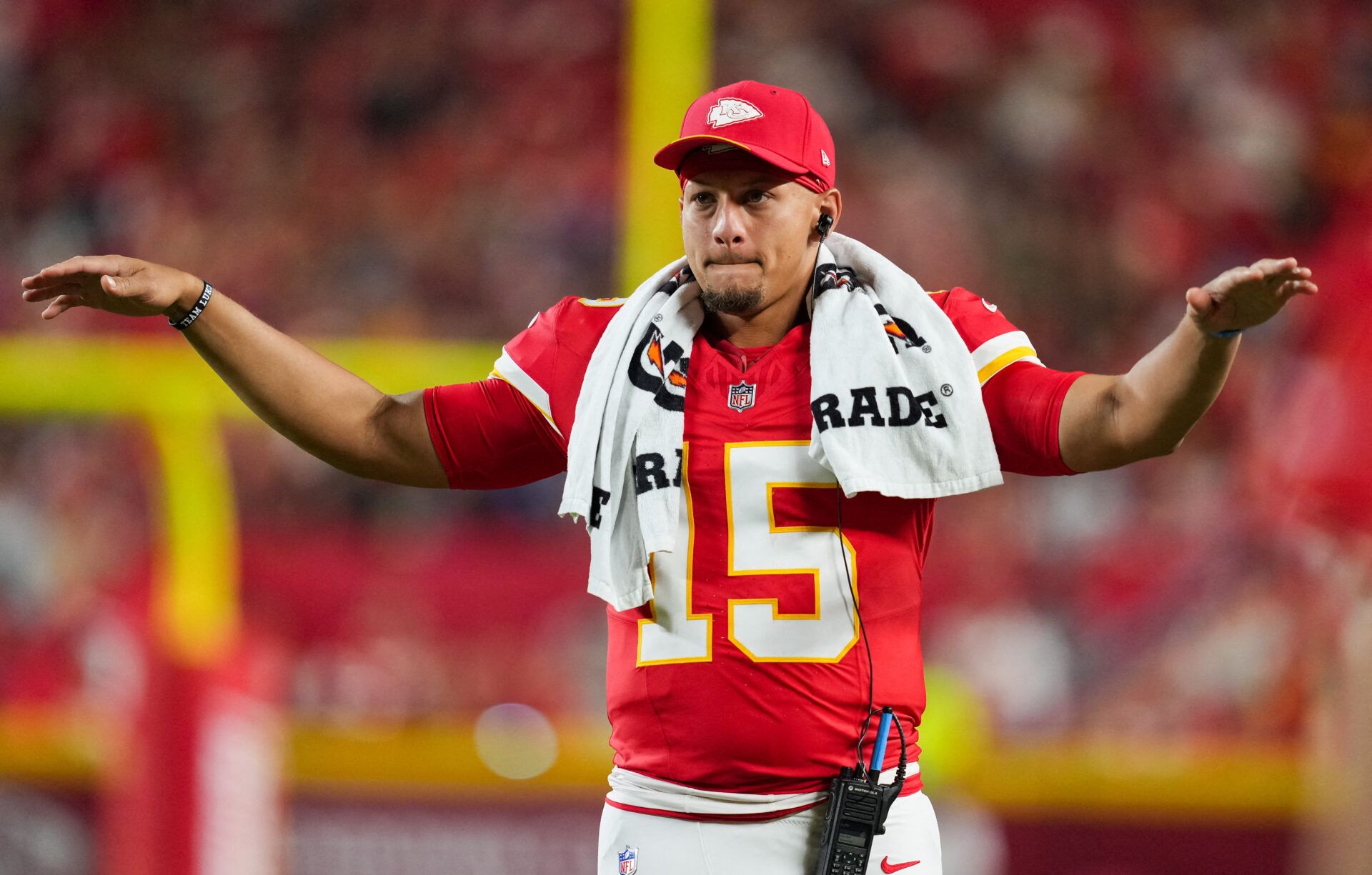 Kansas City Chiefs quarterback Patrick Mahomes (15) quiets the crowd during the second half against the Seattle Seahawks at Arrowhead Stadium.