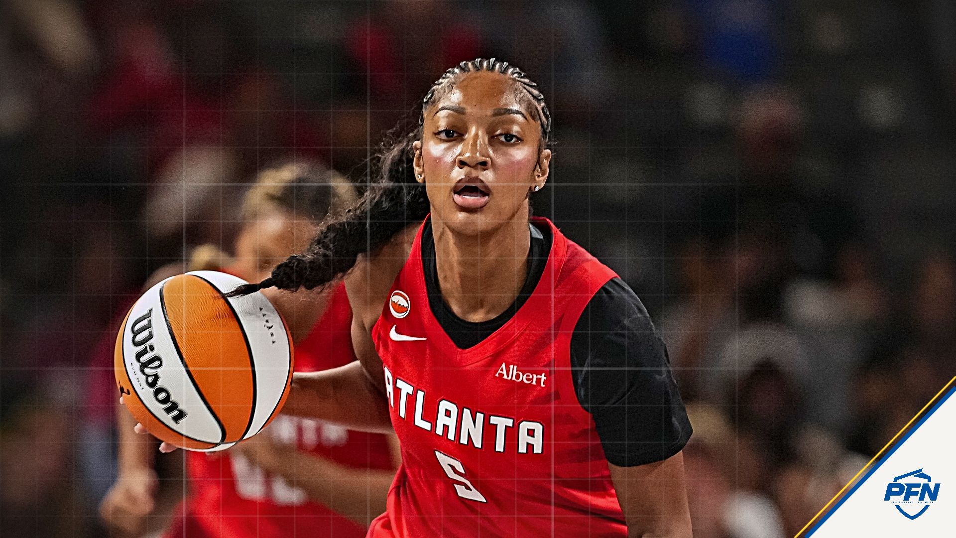 Atlanta Dream forward Angel Reese (5) brings the ball up the court against the Minnesota Lynx during the first half at Gateway Center Arena at College Park.