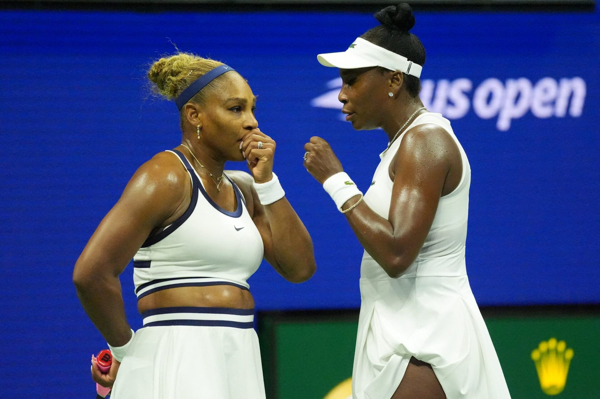 Tennis - U.S. Open - Flushing Meadows, New York, United States - September 4, 2026 Serena Williams and Venus Williams of the U.S. react during their first round match against Australia's Maya Joint and Taiwan's Chan Hao-ching IMAGN IMAGES via Reuters/Robert Deutsch