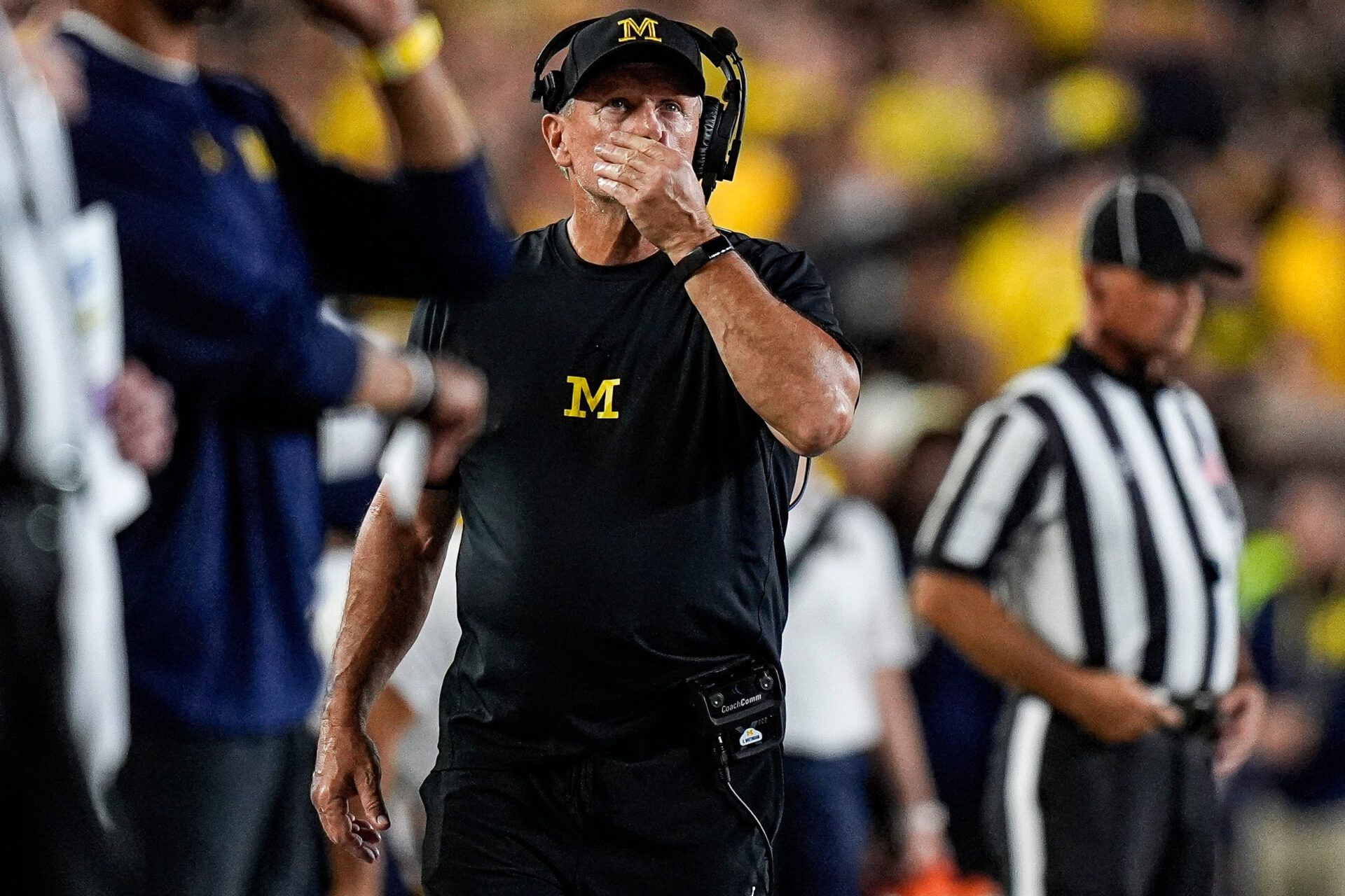 Michigan head coach Kyle Whittingham watches a replay against Western Michigan during the second half at Michigan Stadium in Ann Arbor on Saturday, Sept. 5, 2026.