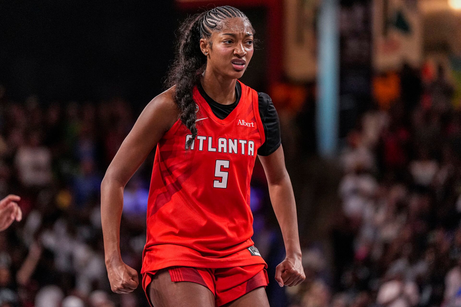 Atlanta Dream forward Angel Reese (5) reacts after a play against the Minnesota Lynx during the first half at Gateway Center Arena at College Park.