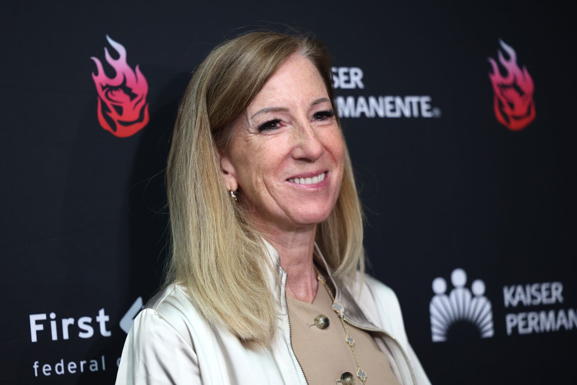 WNBA Commissioner Cathy Engelbert meets with the working media before Portland Fire against the Las Vegas Aces at Moda Center.