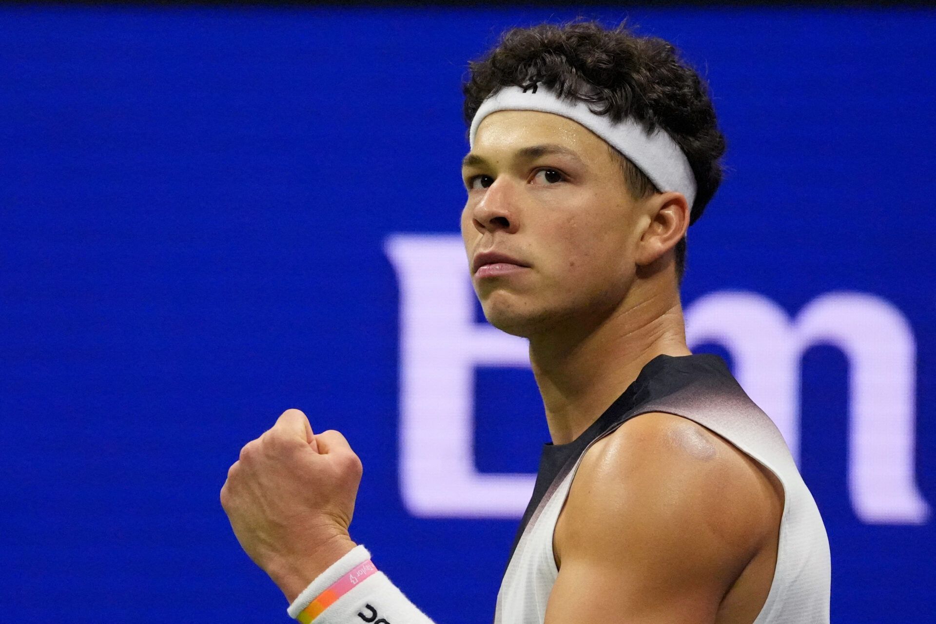 Ben Shelton of the U.S. reacts during his round of 16 match against Greece's Stefanos Tsitsipas.
