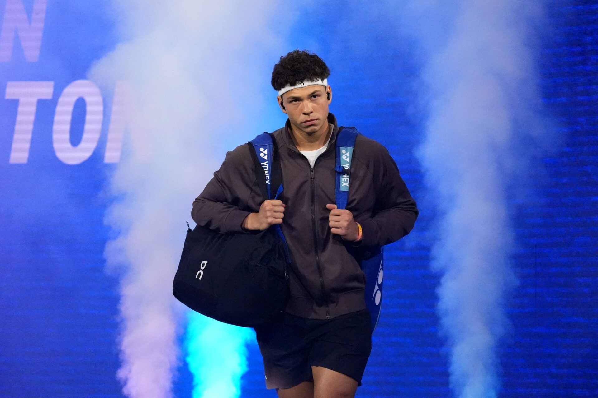 Ben Shelton of the U.S. arrives before his third round match against Canada's Denis Shapovalov.
