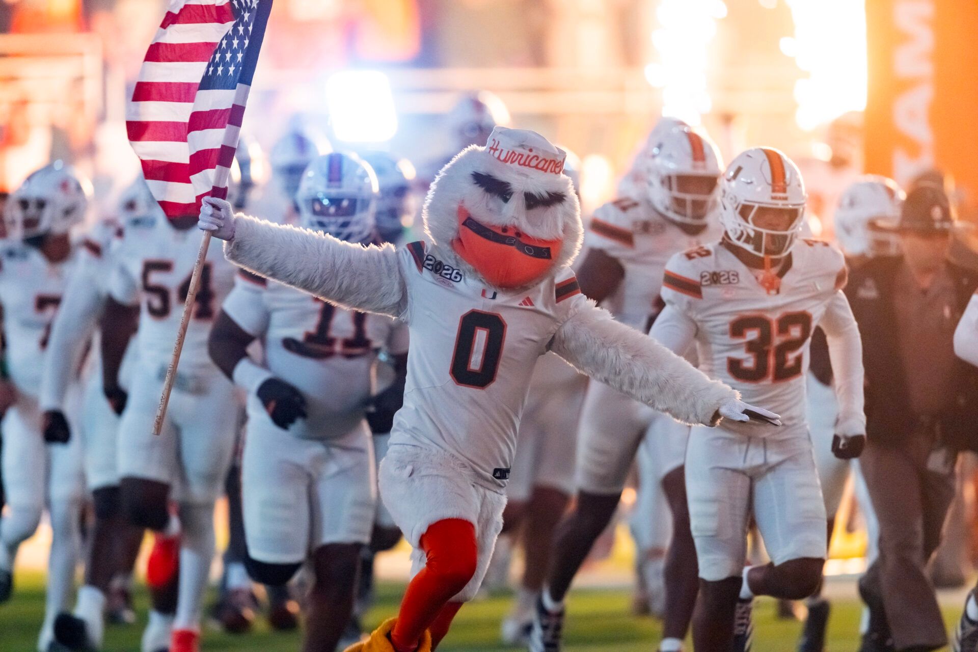 Miami Hurricanes mascot Sebastian the Ibis during the College Football Playoff National Championship game at Hard Rock Stadium.