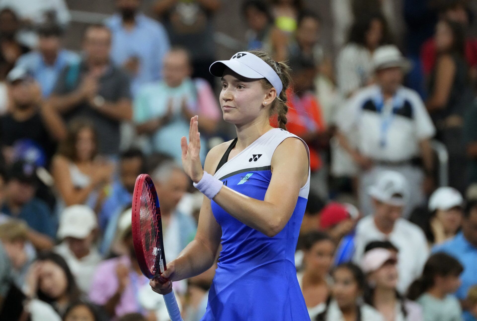 Kazakhstan's Elena Rybakina celebrates winning her third round match against Ukraine's Yuliia Starodubtseva.